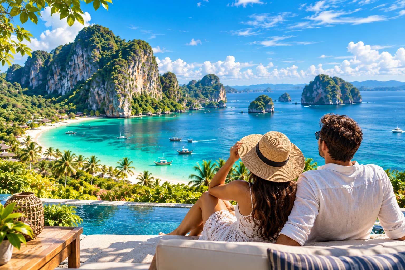 Couple relaxing on a terrace overlooking a tropical bay with limestone cliffs